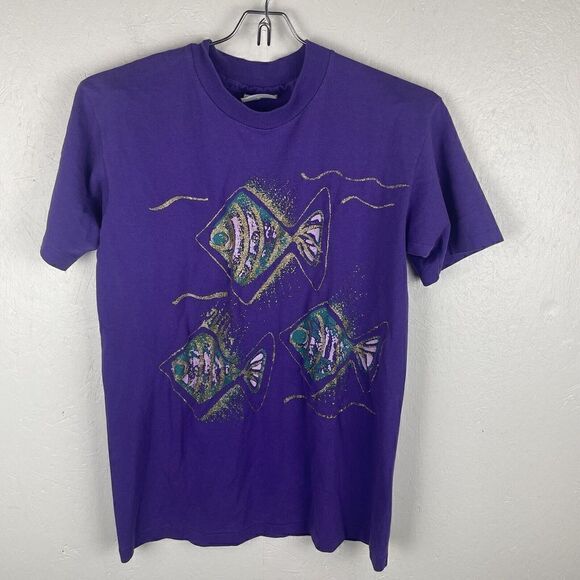 Vintage Single Stitch Hanes‎ 50-50 Purple Fish 80s Short Sleeve T-Shirt Size S - Picture 6 of 7